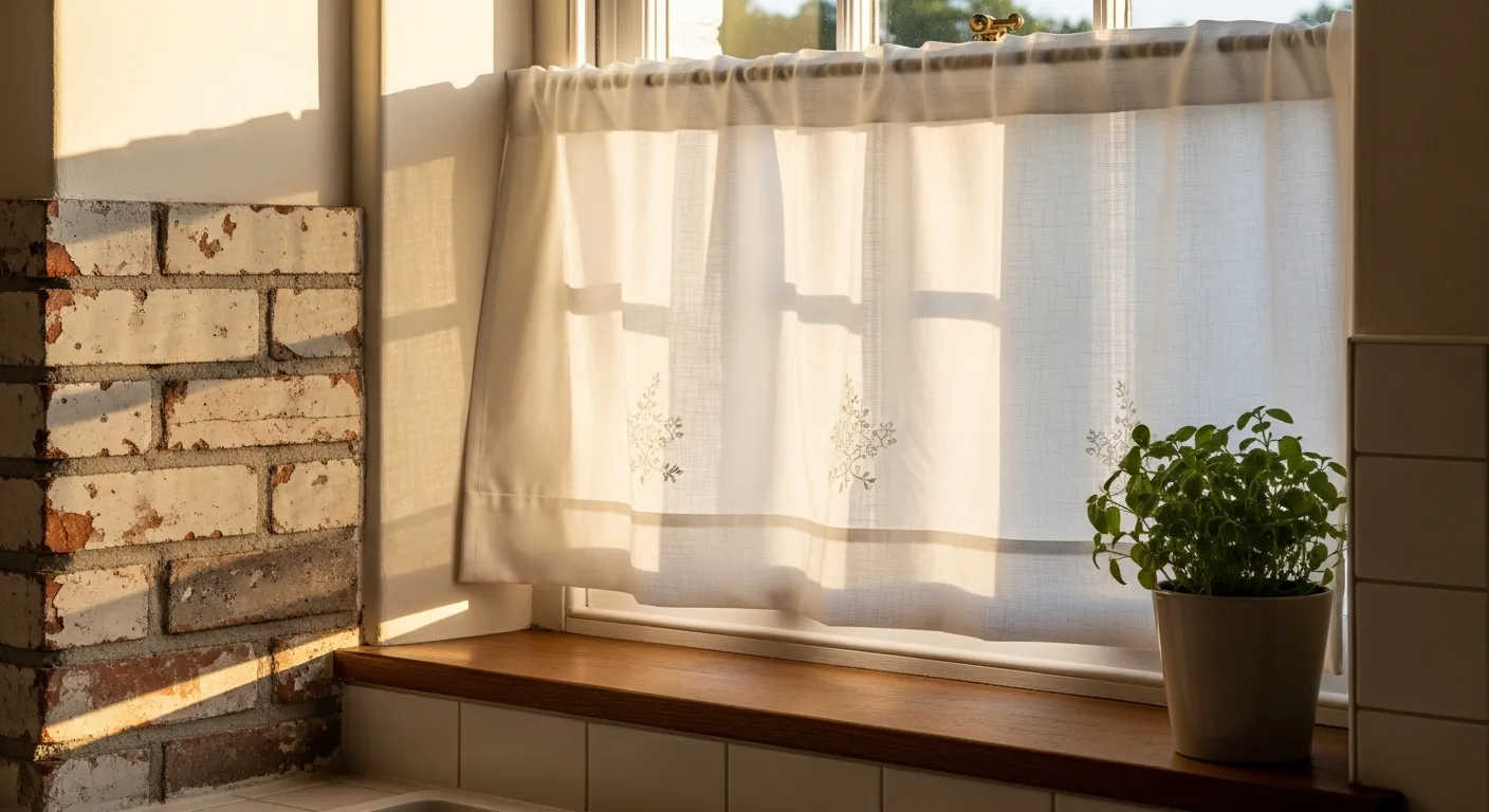 A Crisp White Cafe Curtain, Made of Lightweight Linen Fabric With Short Hem Precisely Grazing the Rustic Wooden Window Sill