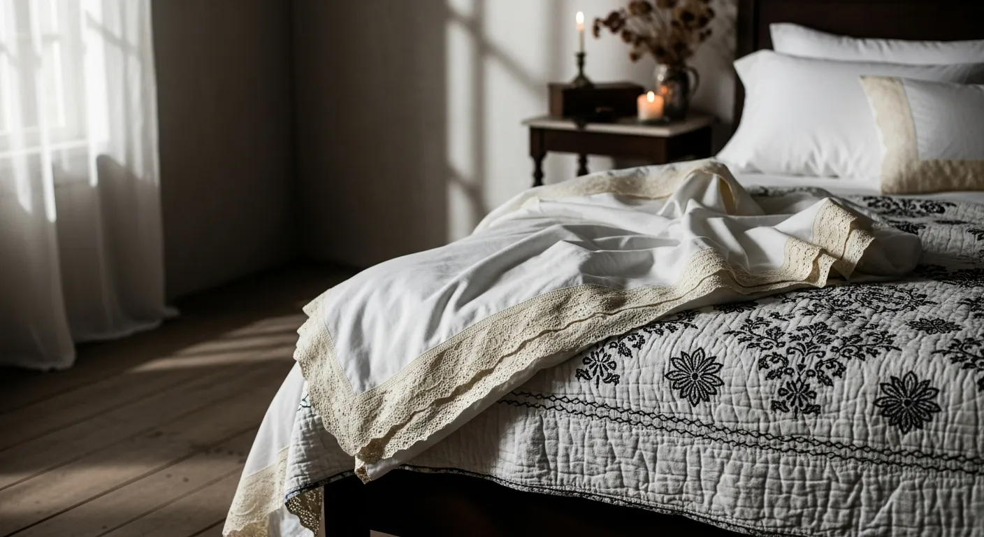 A Crisp White Linen Bedding With Delicate Ivory Lace Trim and an Heirloom-quality Quilt Featuring Intricate Dark Floral Stitching