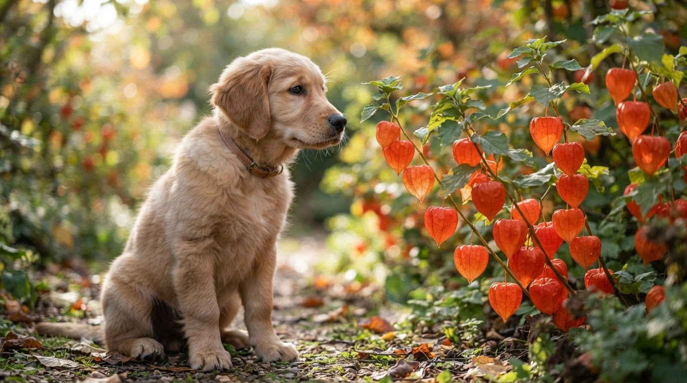 A Curious Golden Retriever Puppy's Head is Gently Tilted, Gaze Intently Fixed on a Vibrant Chinese Lantern Plant