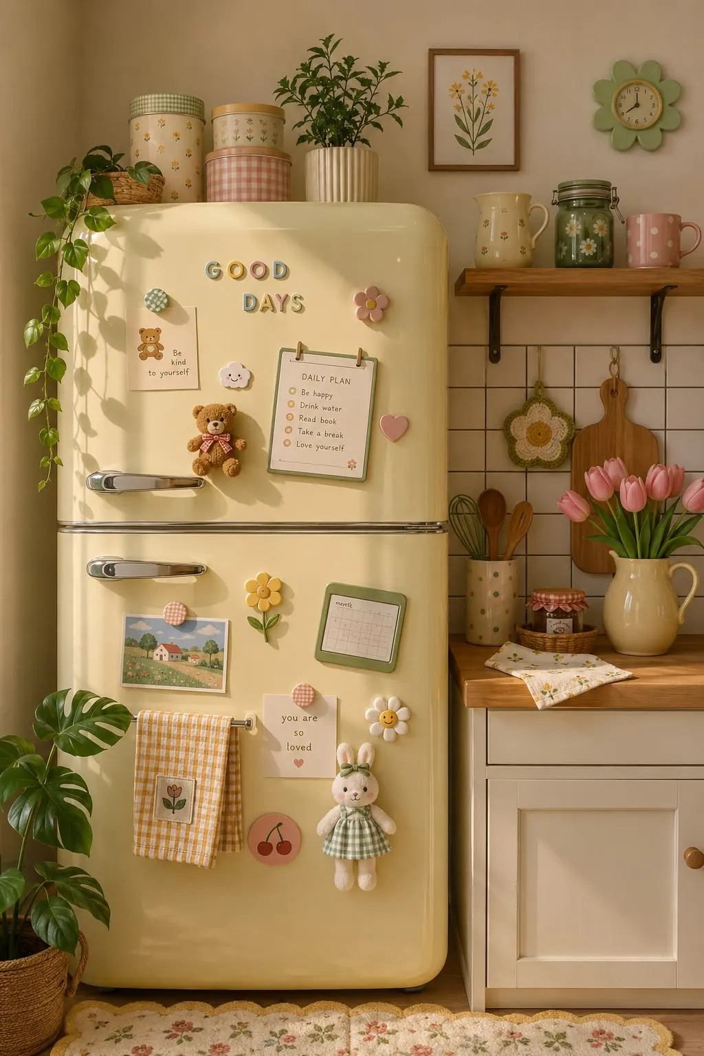 A Cute Butter Yellow Refrigerator Placed in a Kitchen Corner