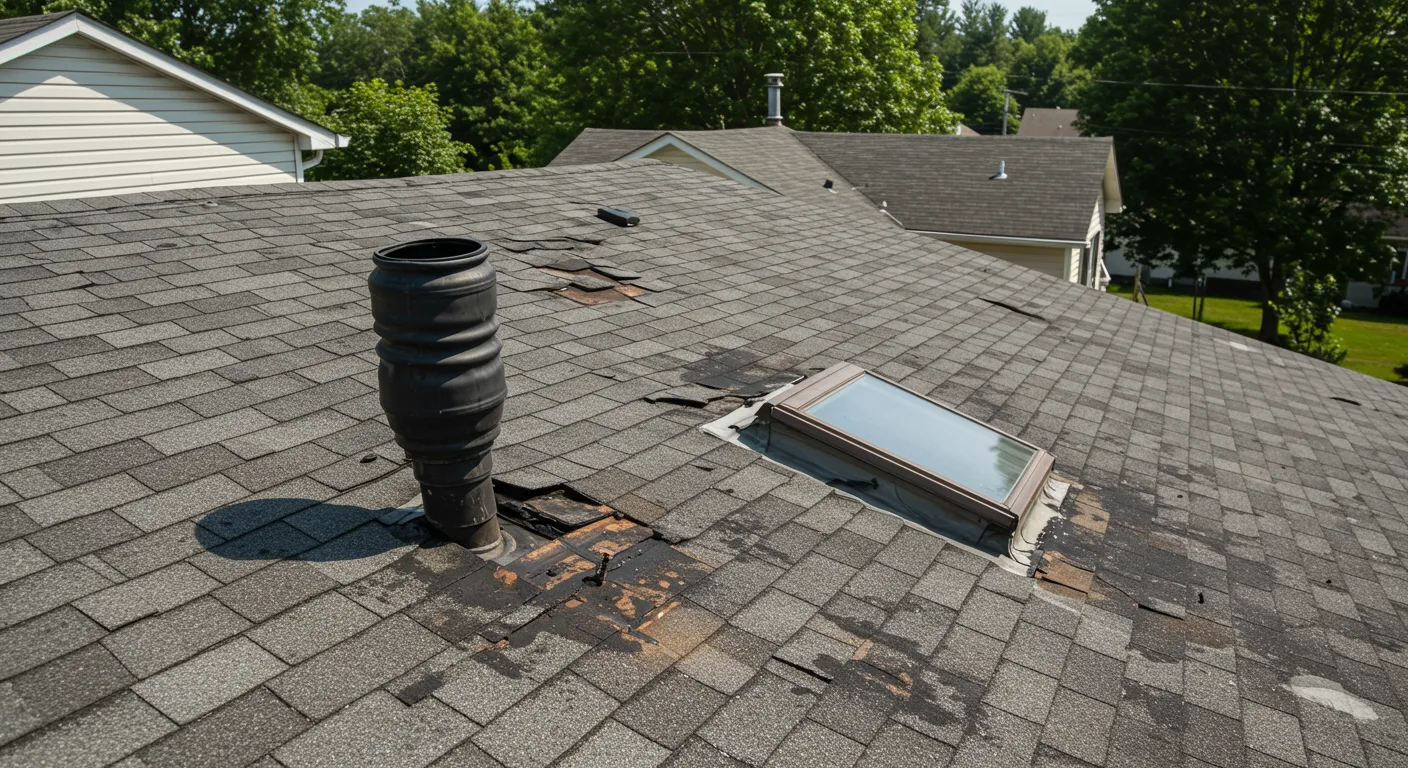 A Damaged Asphalt Shingle Roof on a Suburban House A Damaged Asphalt Shingle Roof on a Suburban House