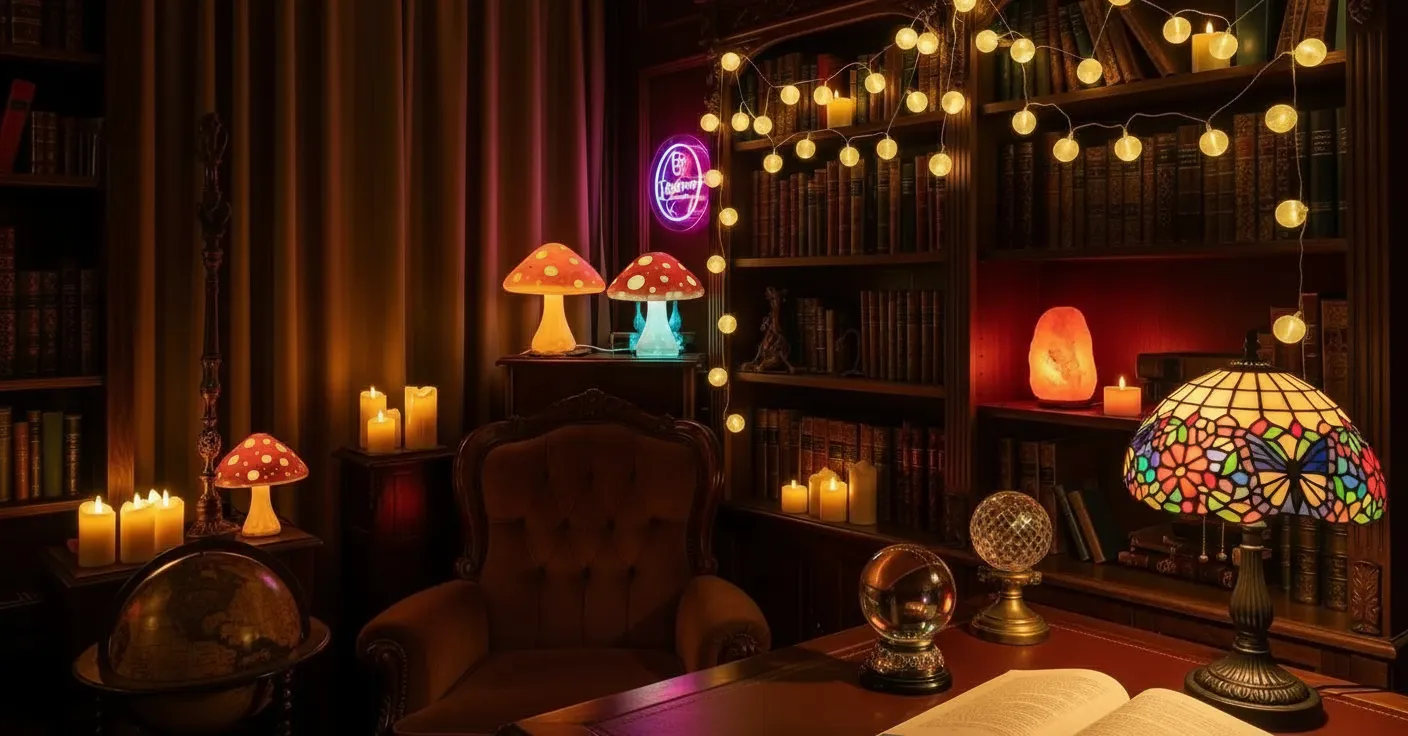 A Dark Academia Study, Dimly Lit With a Soft, Ominous Glow is Enveloped in Low-key Ambient Light, With No Overhead Lighting