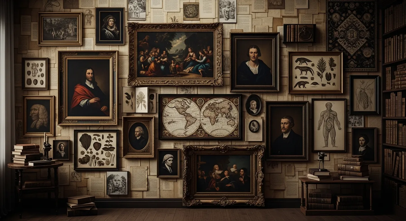 A Dark Academia Study Interior, Centered on an Intricately Dense Gallery Wall