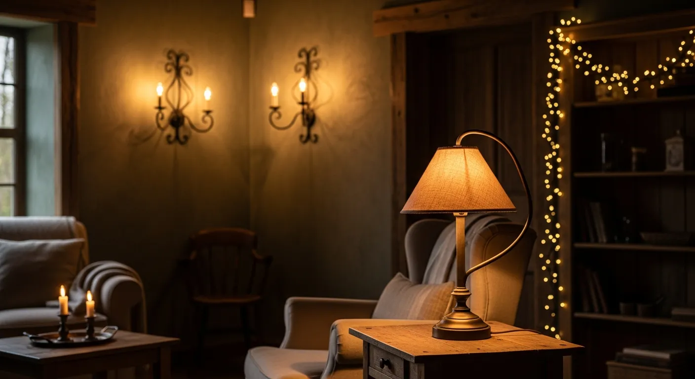 A Dark Cottagecore Room Interior at Dusk With Warm, Ambient Light From Multiple Sources Creating a Tender, Inviting Glow