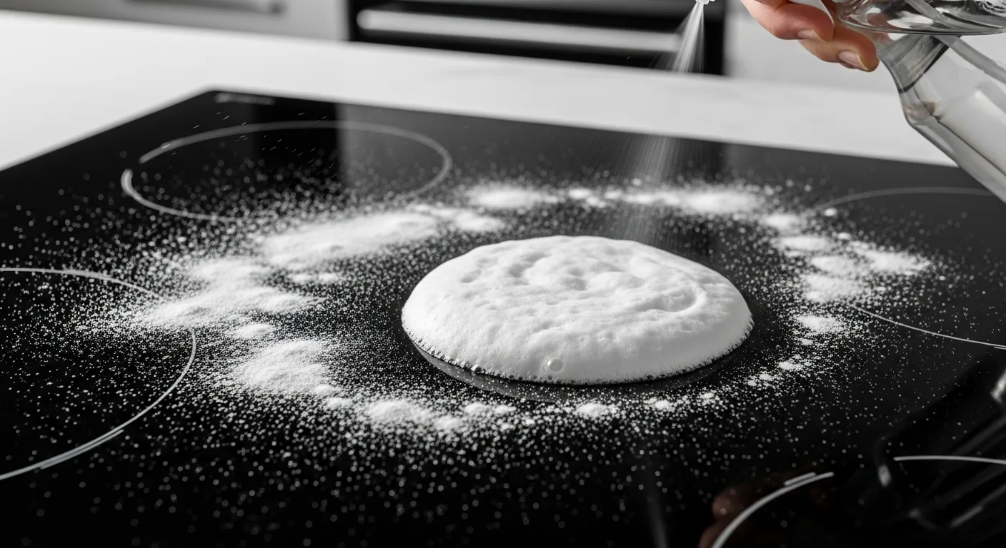 A Dark Glass-top Stove Surface Undergoing a Deep Cleaning Process With Baking Soda, Vinegar, and Dish Soap