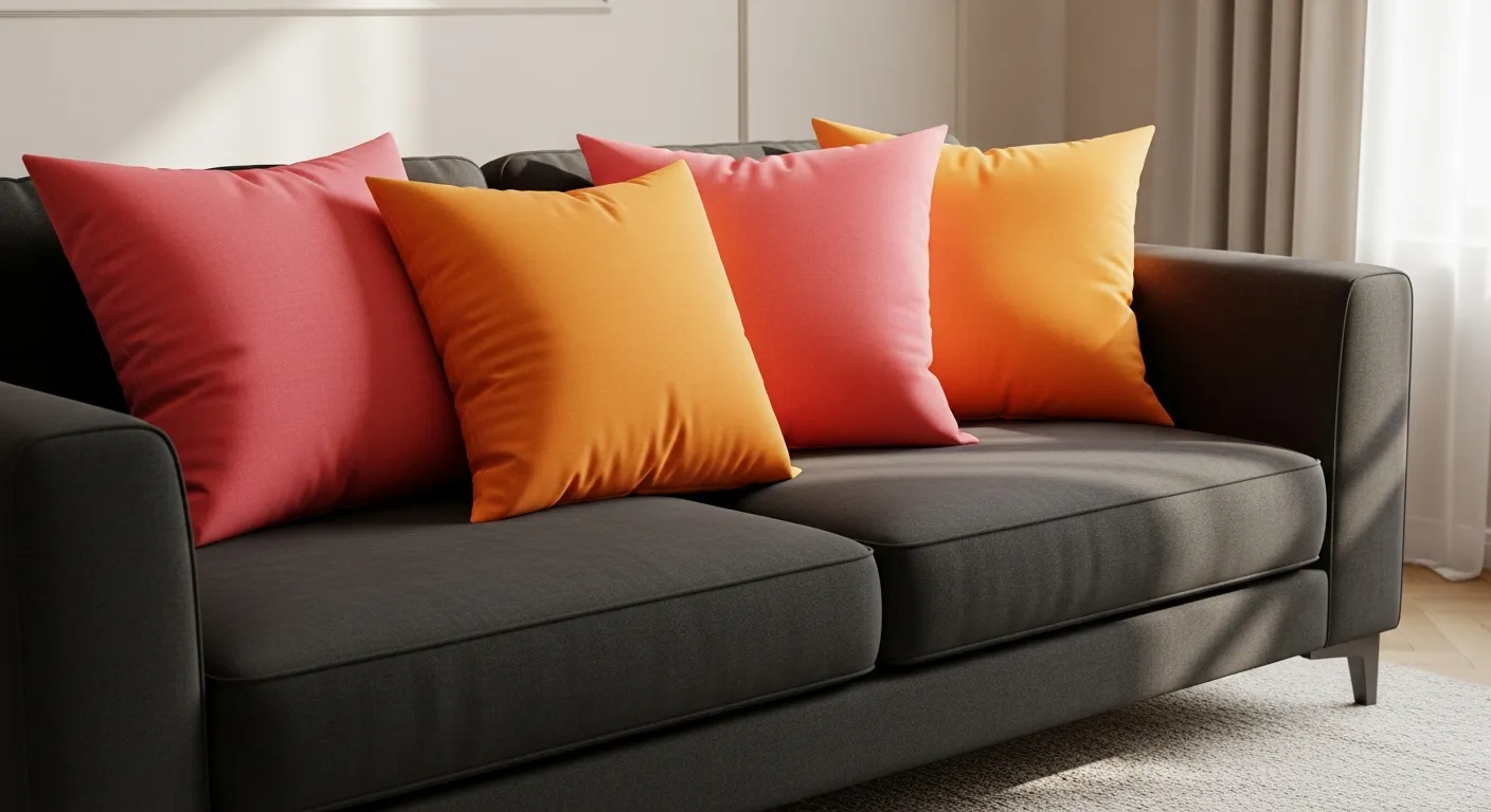 A Dark Gray Modern Sofa With Artfully Arranged Vibrant Coral Pink and Sunny Tangerine Orange Throw Pillows, Slightly Overlapping