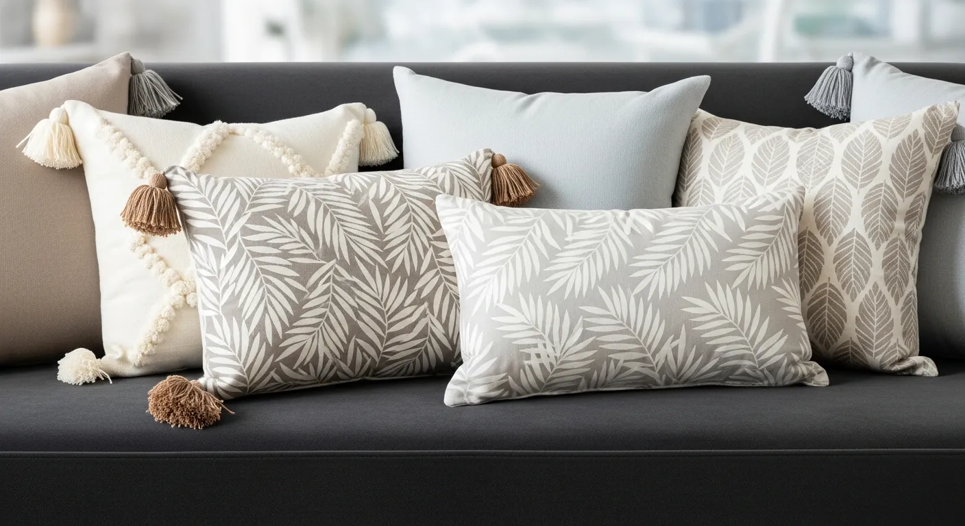 A Dark Gray Velvet Sofa, Artfully Adorned With a Collection of Soft, Throw Pillows in Elegant Shades of Cream, Taupe, Soft Beige, and Pale Light Gray