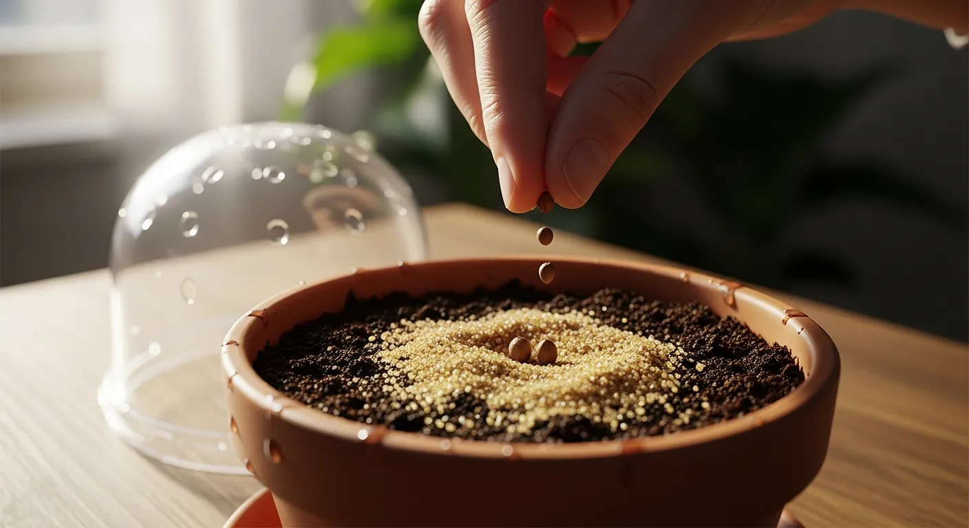 A Delicate Fingers Gently Sowing Tiny Brown Seeds Into a Small, Earthy Terracotta Pot