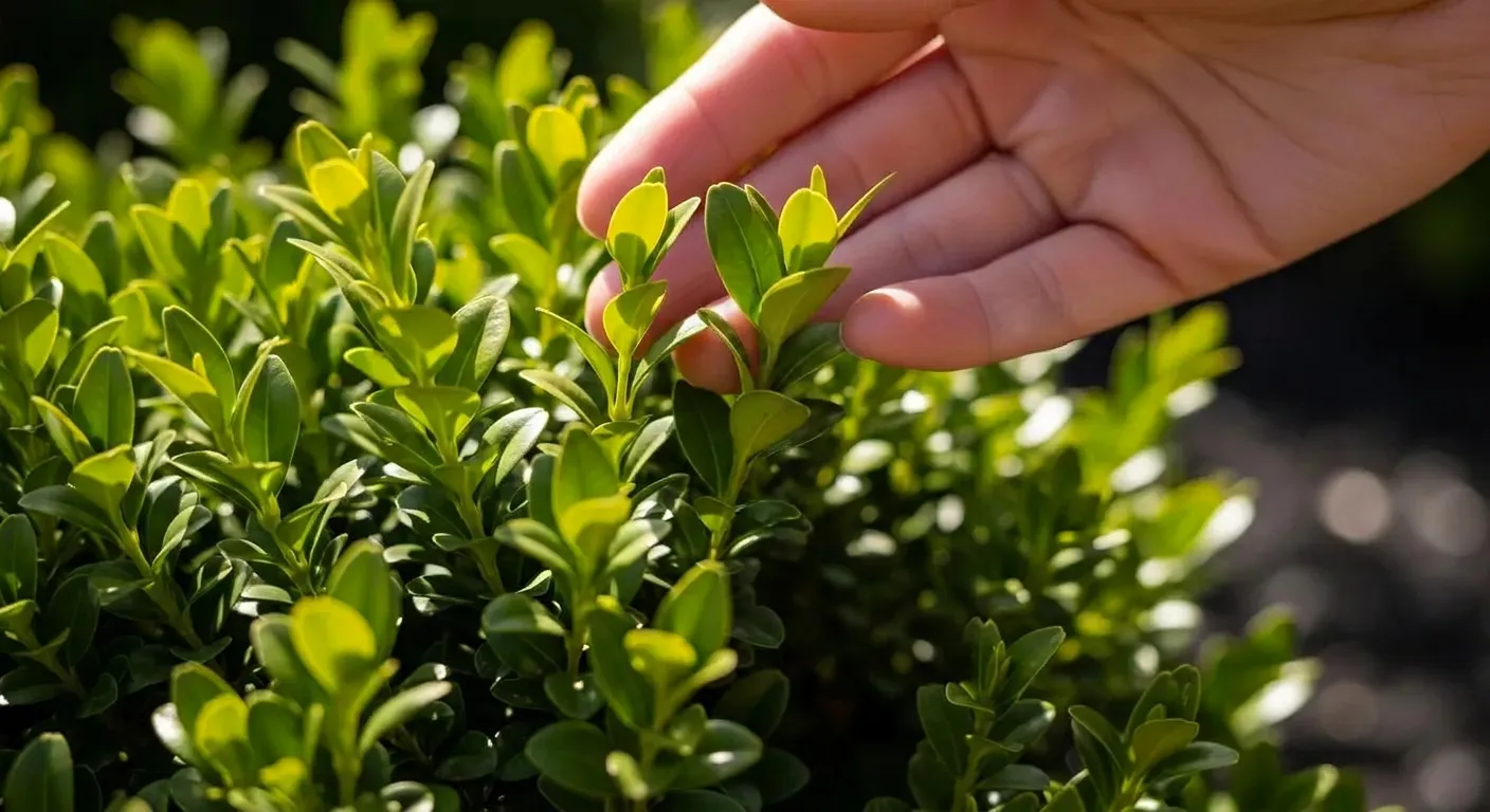 A Delicate Hand Gently Touching Vibrant Green, Glossy Leaves of a Boxwood Shrub