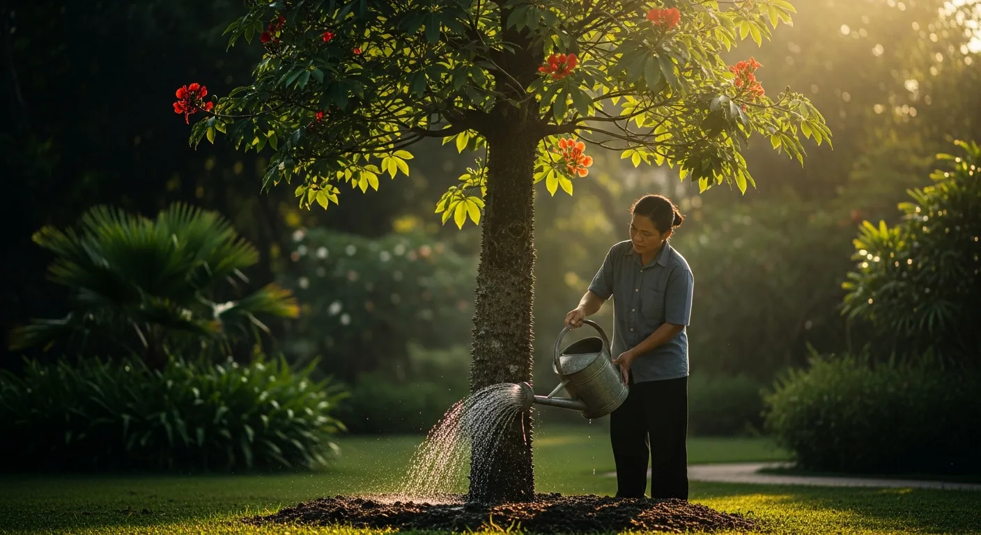 A Diligent Gardener, is Gently Watering the Tree's Base With a Traditional Watering Can
