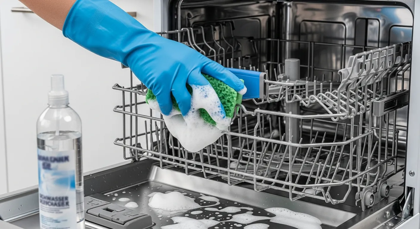A Diligent Hand, Wearing a Protective Blue Rubber Glove, Meticulously Scrubbing the Gleaming Stainless Steel Interior of a Modern Dishwasher