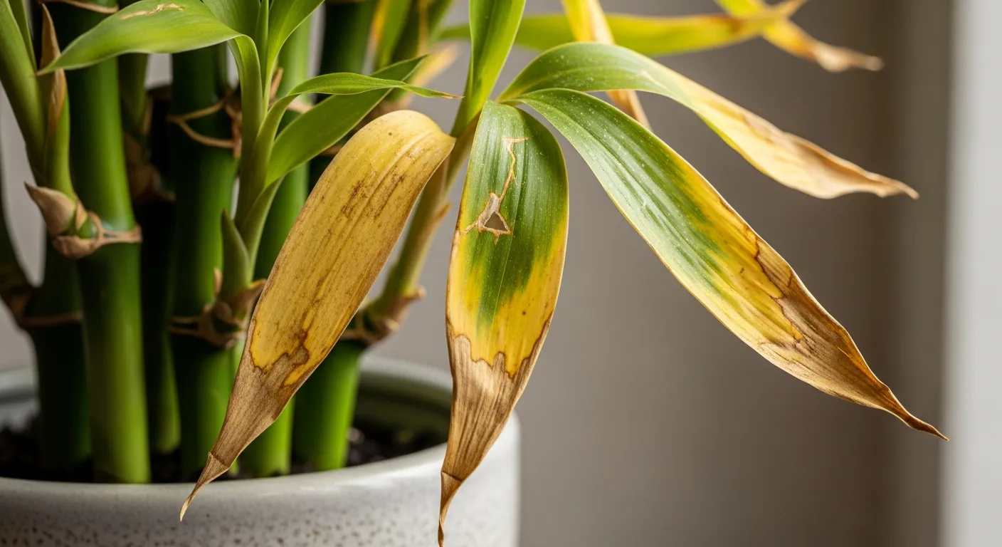 A Distressed Bamboo Plant With Tiny, Almost Crystalline Mineral Deposits Subtly Visible on Some Leaf Surfaces, Hinting at Water-borne Damage