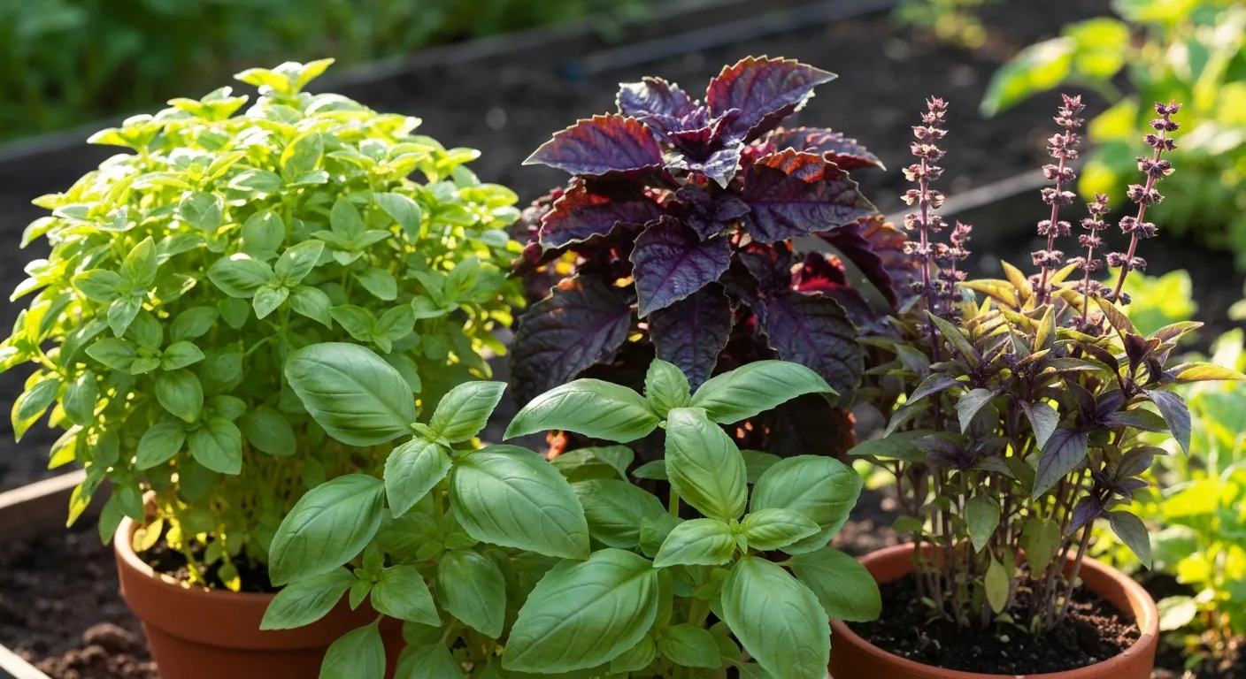 A Diverse Collection of Thriving Basil Plants Under Direct, Warm Golden Hour Sunlight