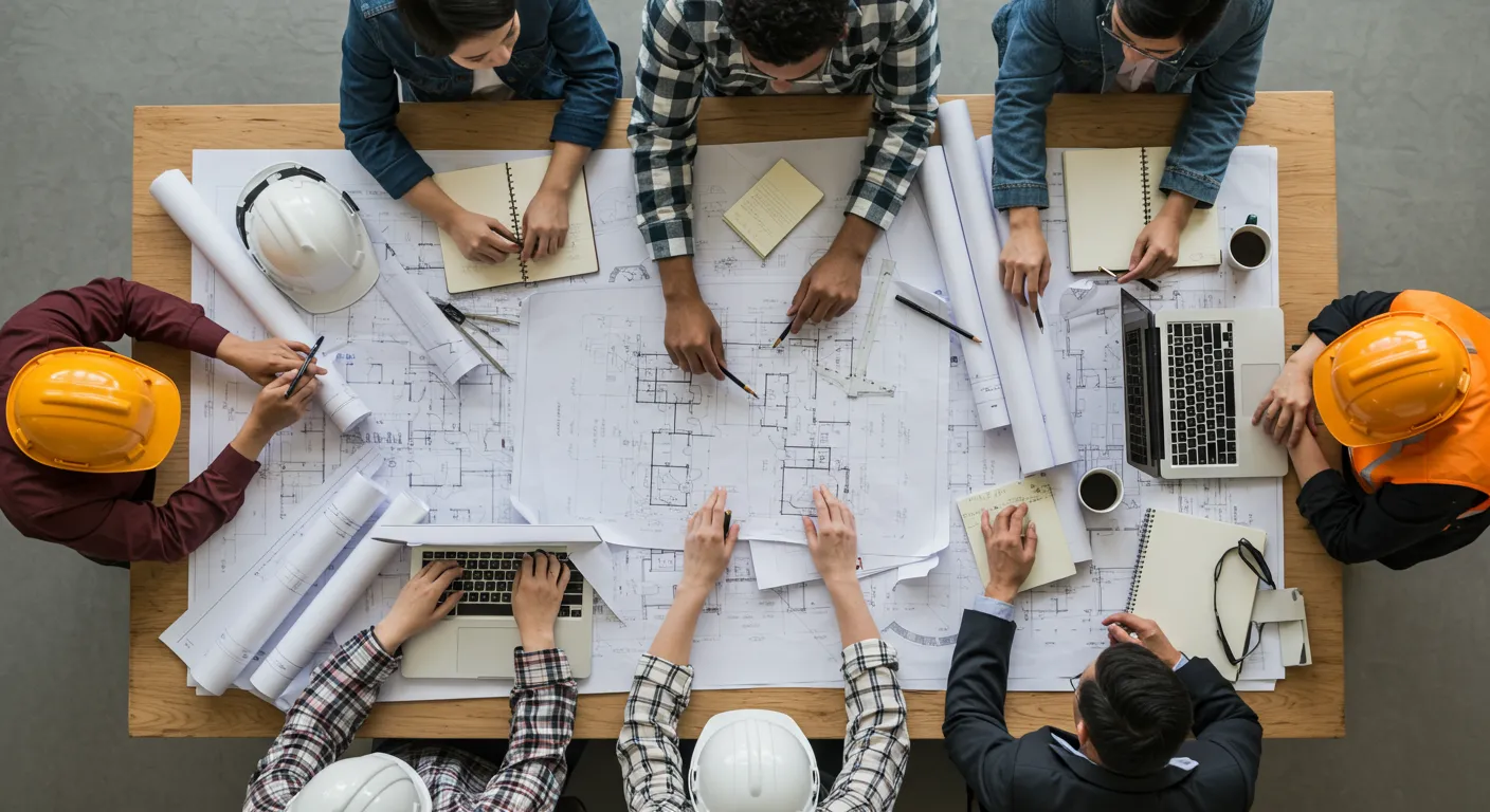 A Diverse Group of Architects Collaboratively Reviewing Blueprints A Diverse Group of Architects Collaboratively Reviewing Blueprints