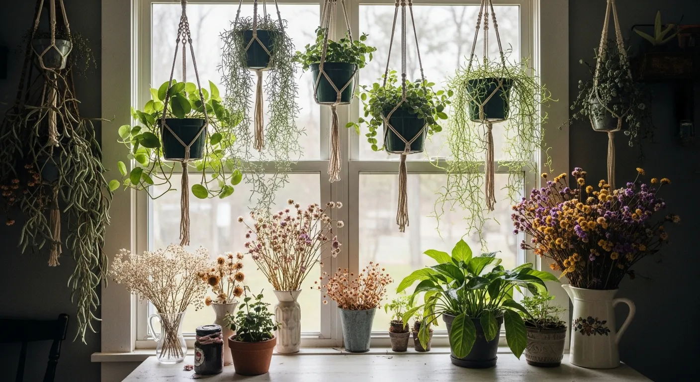 A Dreamy Cottagecore Room Interior, Abundant With Lush Live Plants and Artfully Arranged Dried Flowers