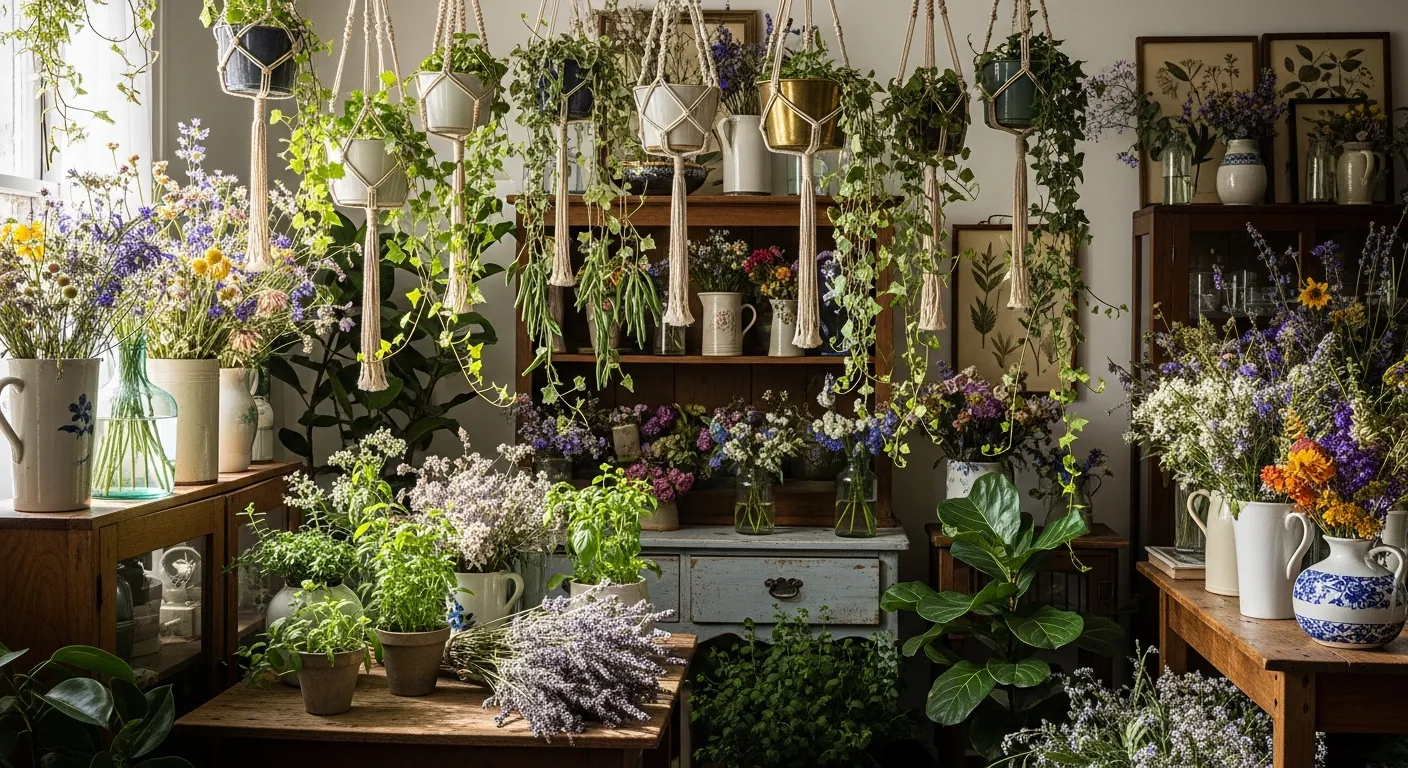 A Dreamy Cottagecore Room Interior, Abundant With Lush Live Plants and Artfully Arranged Dried Flowers