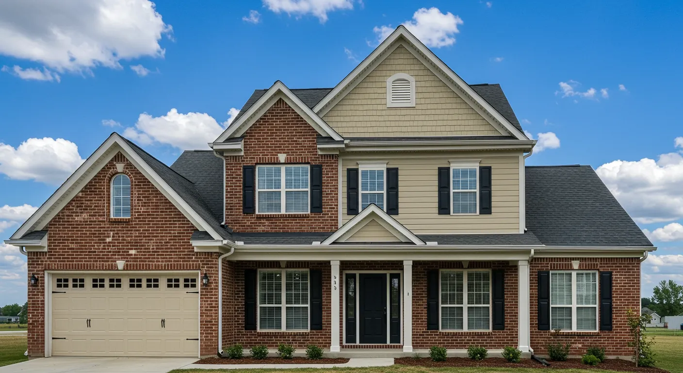 A Exterior View of a Two Story Residential House With Gable Roof A Exterior View of a Two Story Residential House With Gable Roof