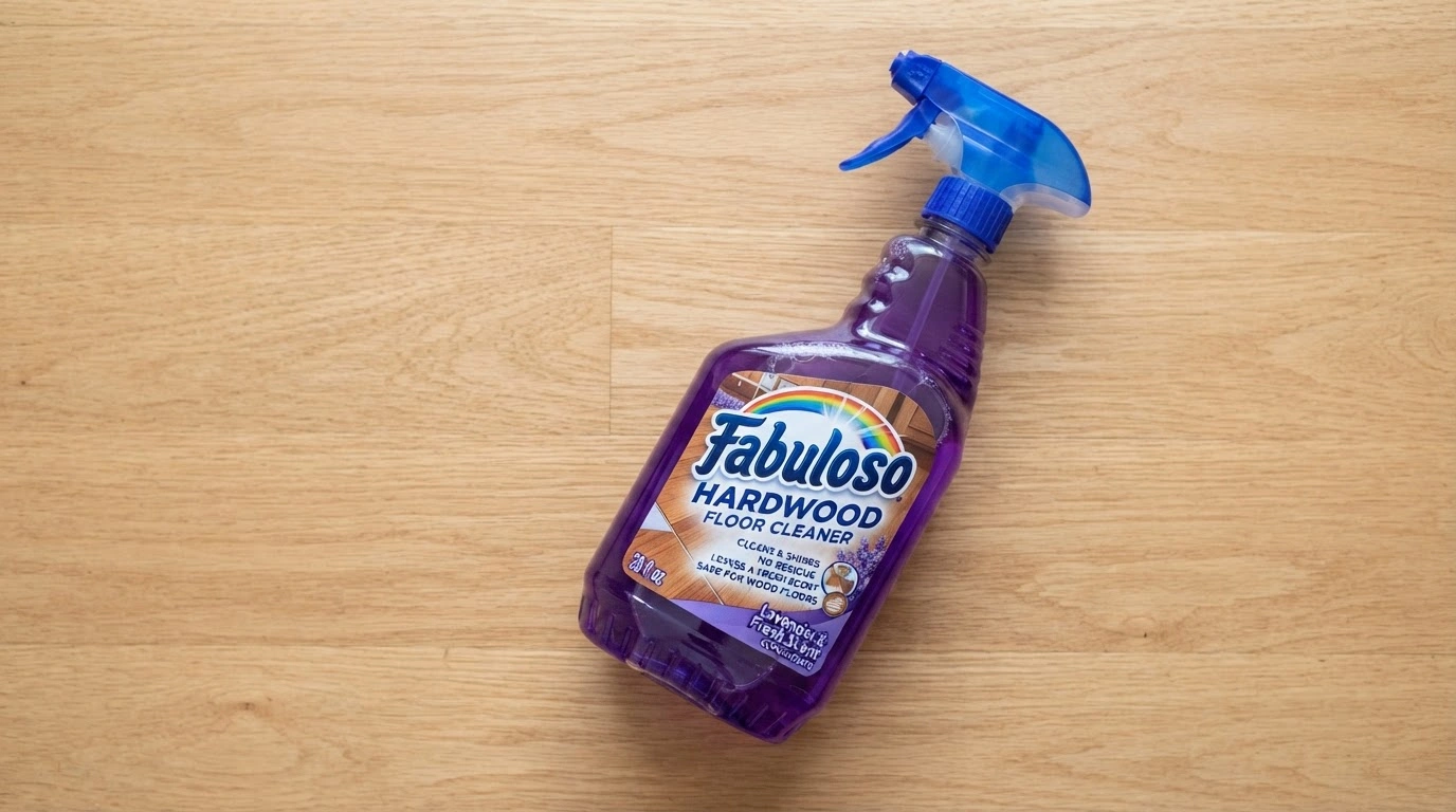 A Fabuloso Hardwood Floor Cleaner Spray Bottle, is Positioned Precisely on a Hardwood Floor