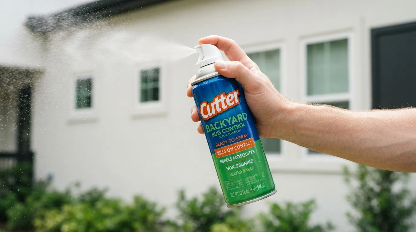 A Fair-Skinned Human Hand, Firmly Grips a Vibrant Blue and Green Aerosol Can of 'Cutter Backyard Bug Control' Insect Repellent