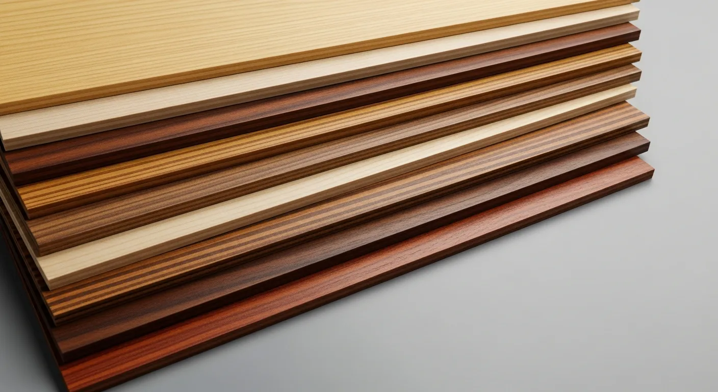 A Fanned Stack of Diverse Rectangular Wood Veneer or Laminate Samples, Meticulously Arranged Diagonally