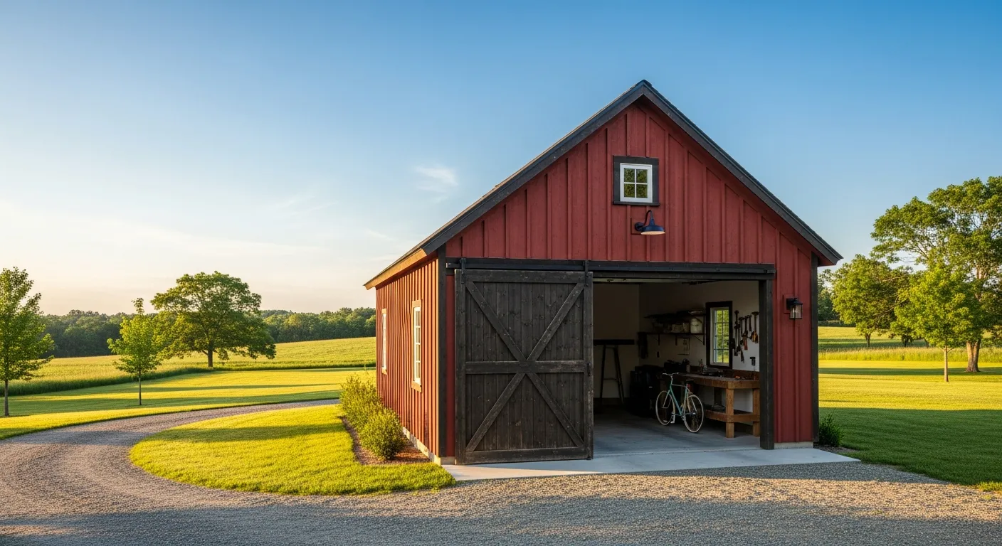 A Farmhouse-style Detached One-car Garage, Painted a Vibrant Barn Red With Rustic Dark Wood Siding