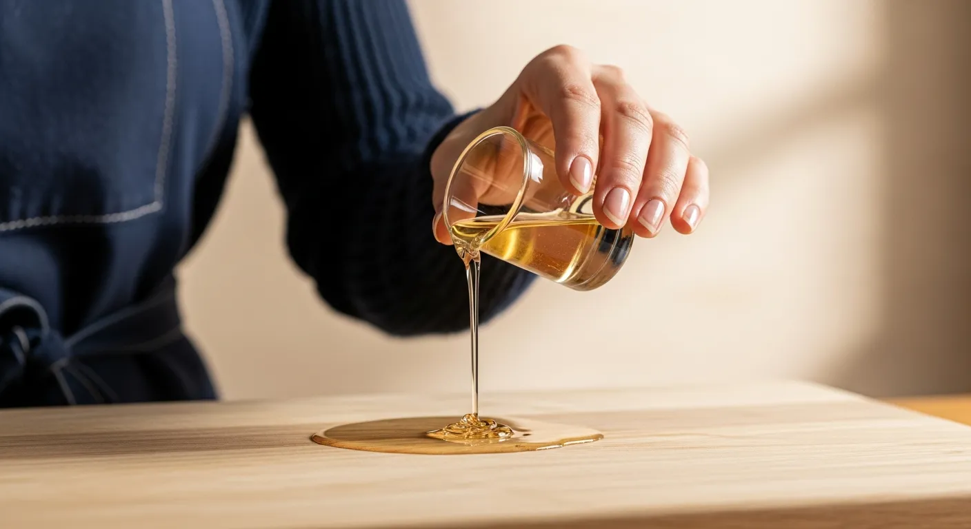 A Female Hand, Delicately Holding a Small, Clear, Cylindrical Glass Container With Amber-toned Liquid Shellac