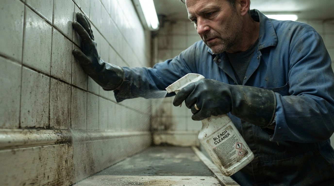 A Fine, Visible Mist of Bleach From a White Plastic Bottle Onto the Grimy Baseboards and Lower Wall of a Neglected, Tiled Room Corner