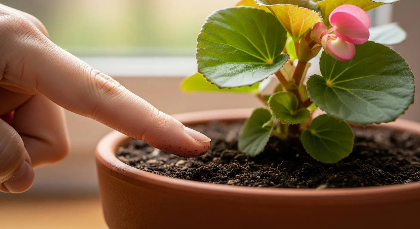 A Finger Gently Inserted 1-2 Inches Into the Dark, Rich, Cool, and Damp Potting Soil of a Vibrant, Healthy Begonia Plant