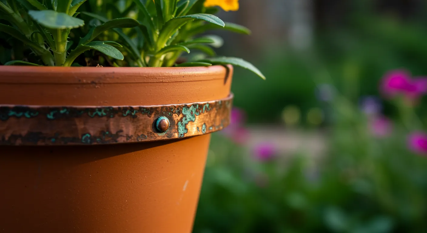A Flower Pot Encircled by a Small Tarnished Copper Band in a Lush Garden A Flower Pot Encircled by a Small Tarnished Copper Band in a Lush Garden