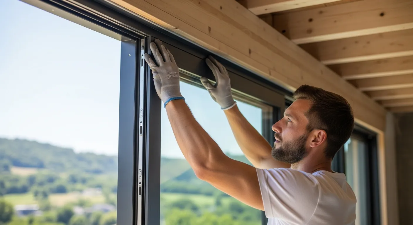 A Focused Male Construction Worker is Installing a Sleek Black-framed Sliding Glass Door