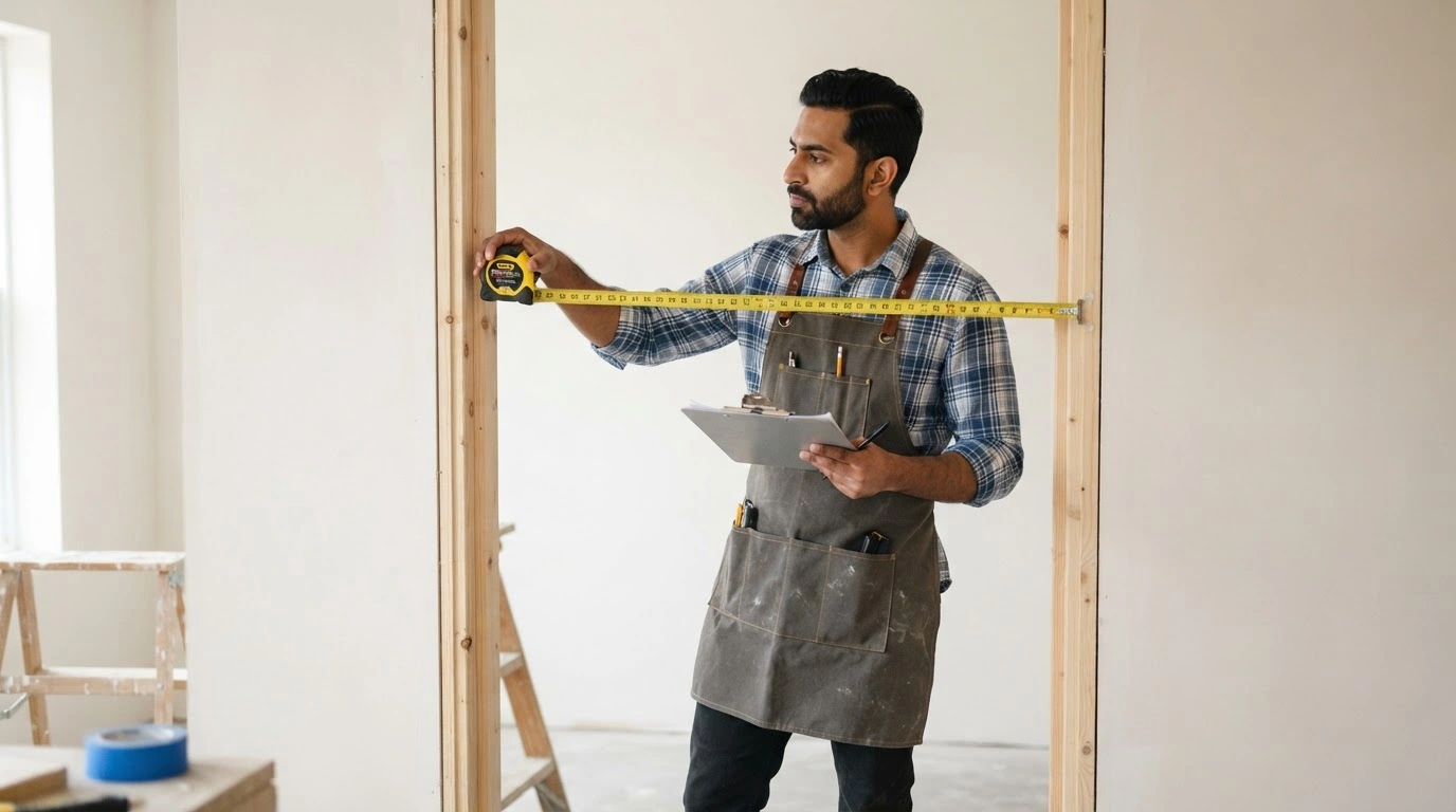 A Focused, Professional Man Meticulously Measuring a Light, Unfinished Wooden Door Frame