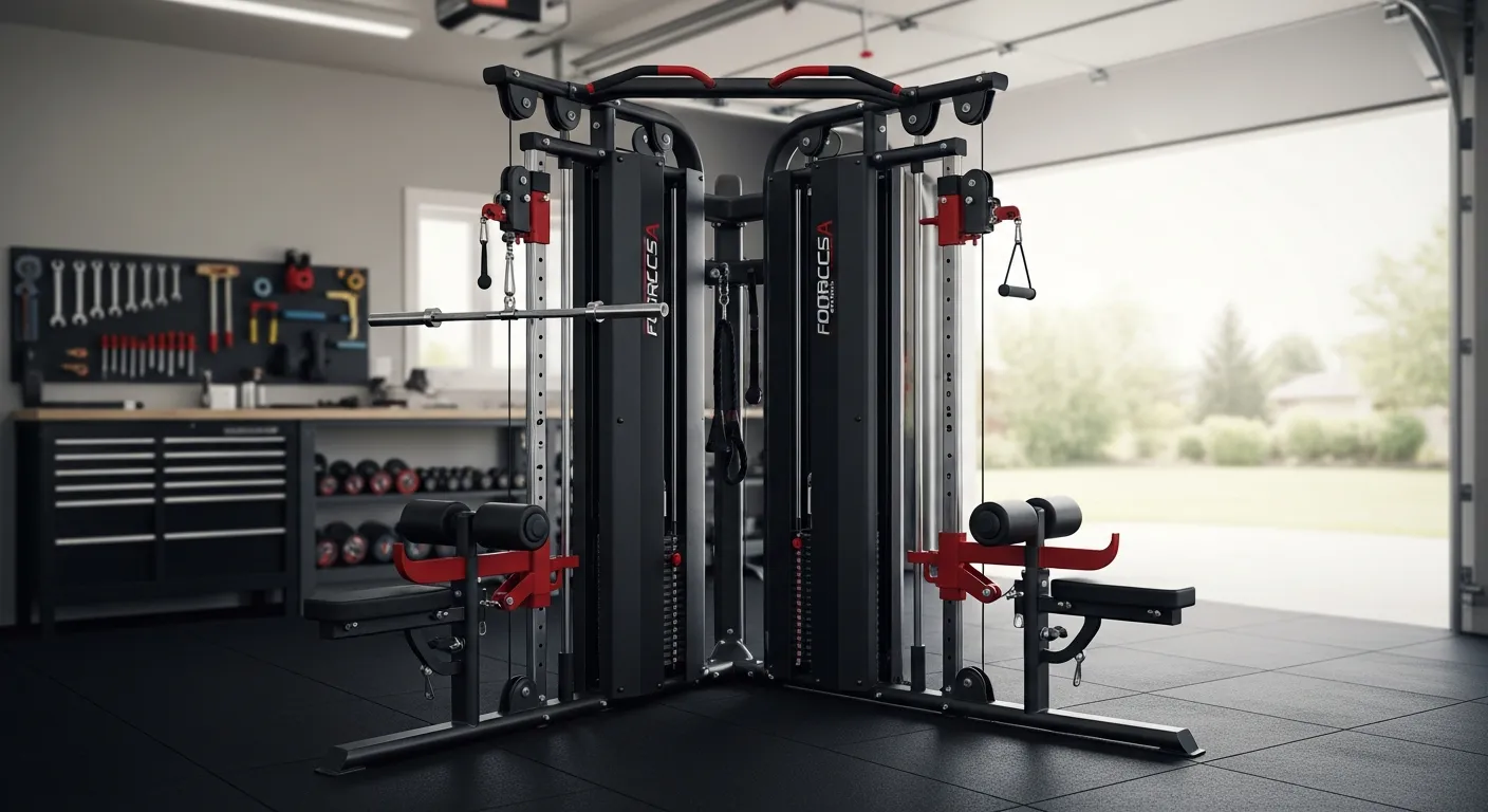 A Force USA G20 Pro Multi-station Functional Trainer, Impeccably Clean, Centered Prominently Within a Well-organized, Spacious Home Garage Gym