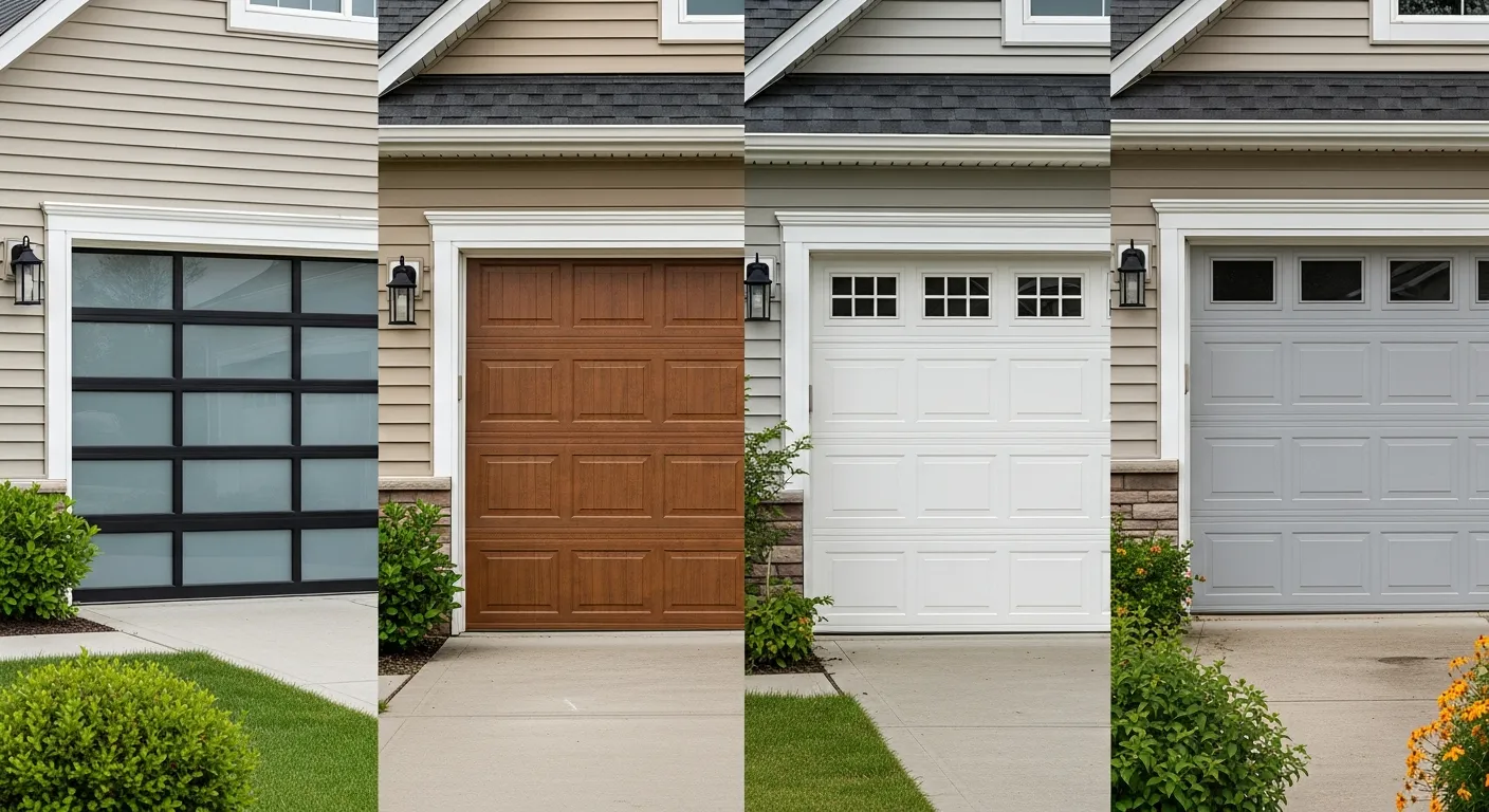 A Four-panel Horizontal Split Image, Showcasing Different Garage Door Materials