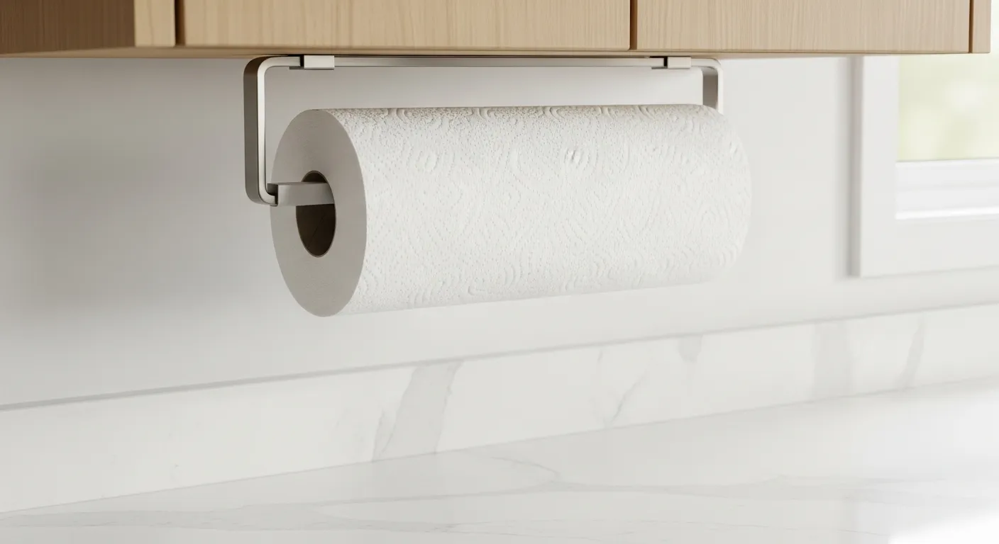 A Fresh, Pristine White Roll of Perforated Paper Towels, Mounted Horizontally on a Sleek, Minimalist Brushed Stainless Steel Hanger