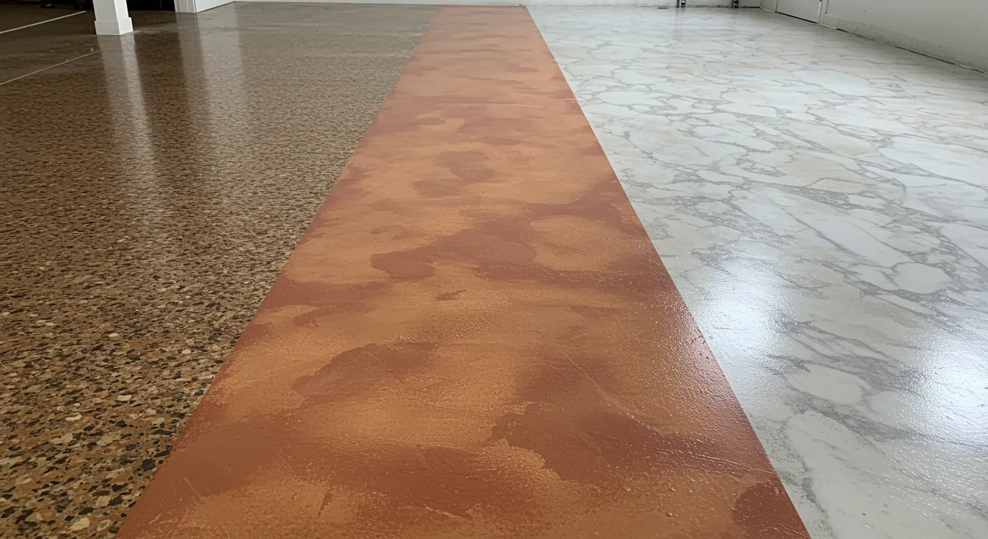 A Freshly Sponge-painted Concrete Floor, Meticulously Showcasing Three Distinct, Highly Realistic Faux Finishes