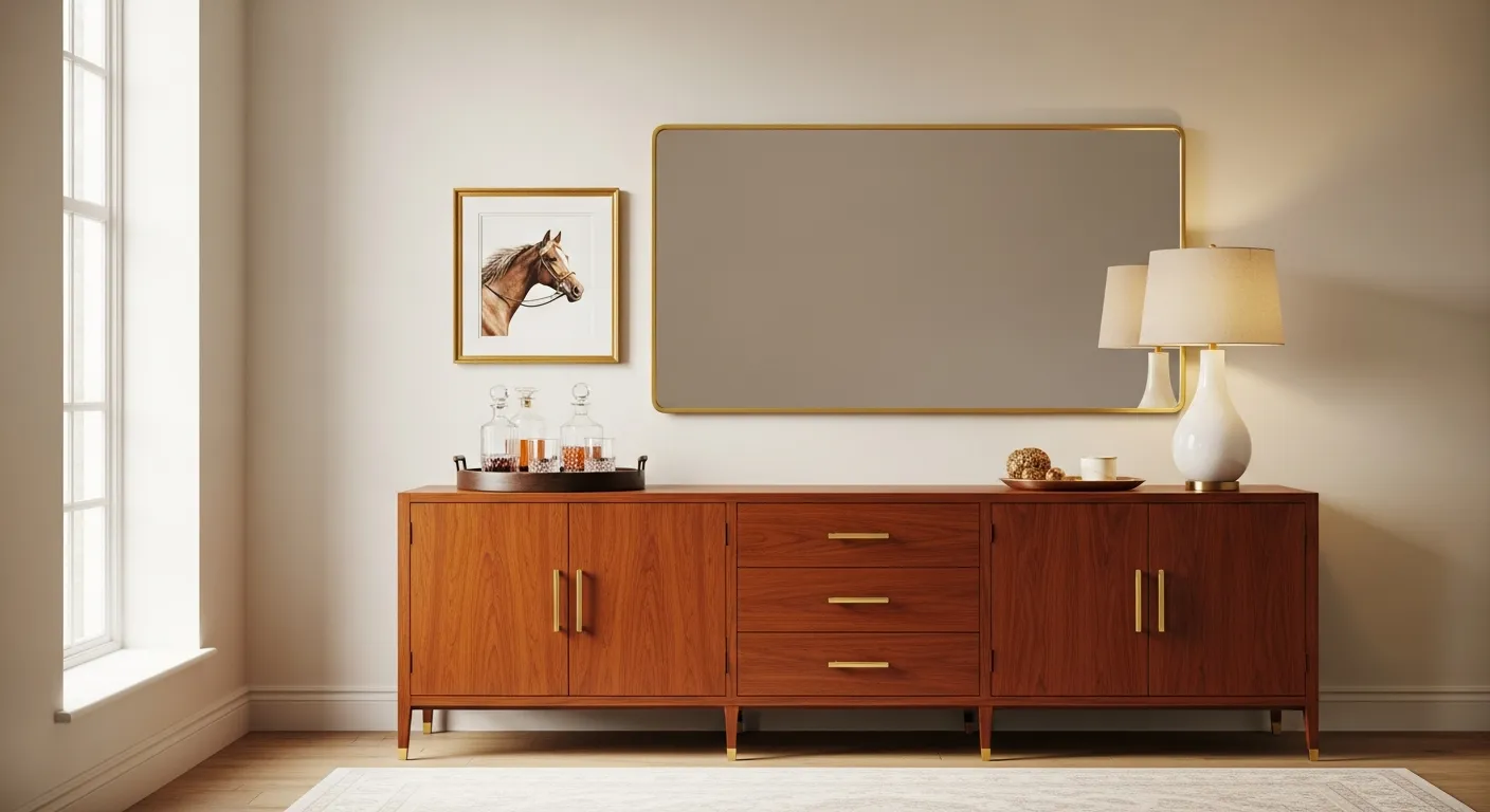 A Long, Rich Reddish-brown Wooden Credenza With Gold Pulls and a Cream Table Lamp