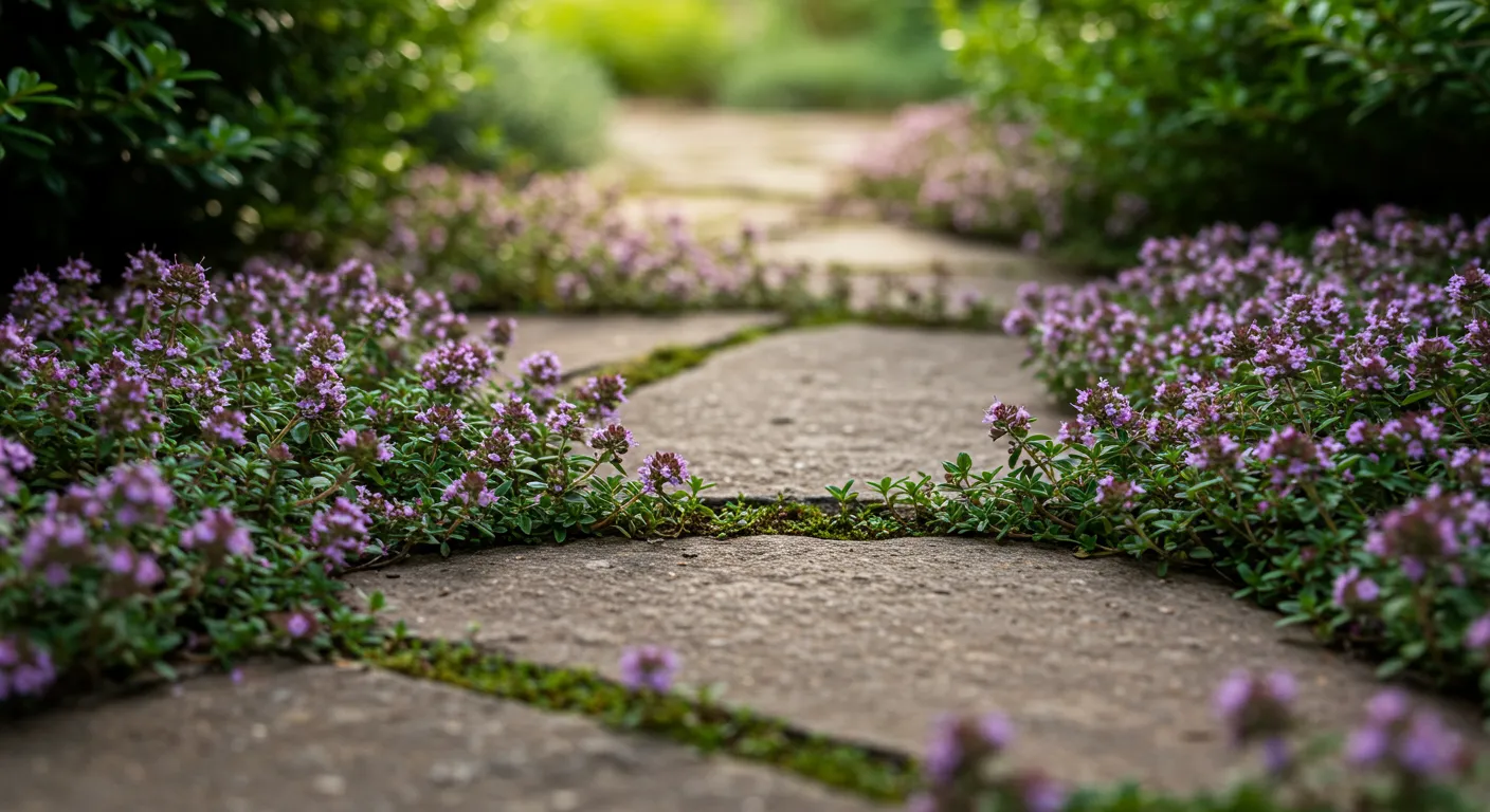 A Garden Path With Creeping Thyme Plants Growing Densely in Between the Irregularly Shaped Stones A Garden Path With Creeping Thyme Plants Growing Densely in Between the Irregularly Shaped Stones
