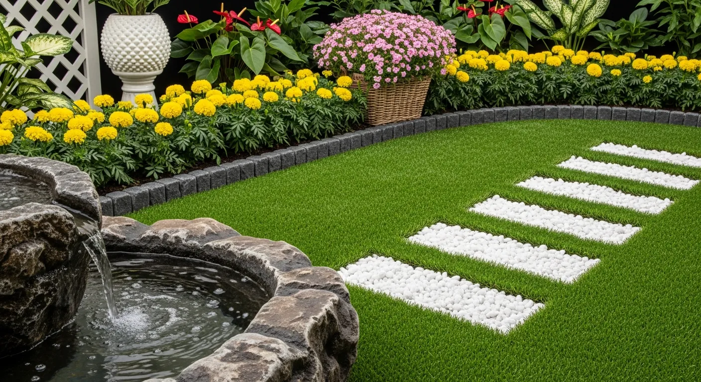 A Garden Scene Showcasing a Diverse Arrangement of Decorative Elements and Artificial Turf