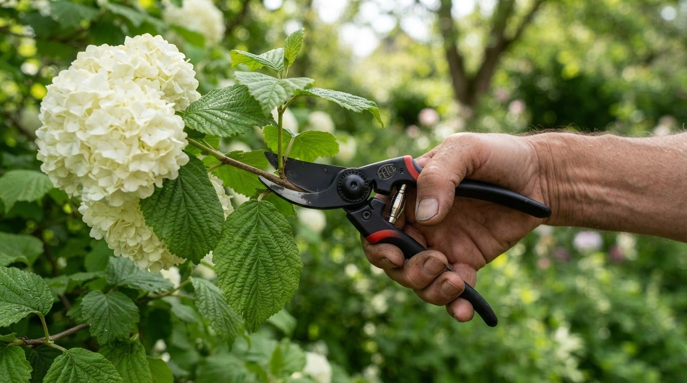 A Gardener's Hand Cutting a Vibrant Green Branch of a Viburnum Macrocephalum Plant With a Pair of Sleek, Black Bypass Pruning Shears