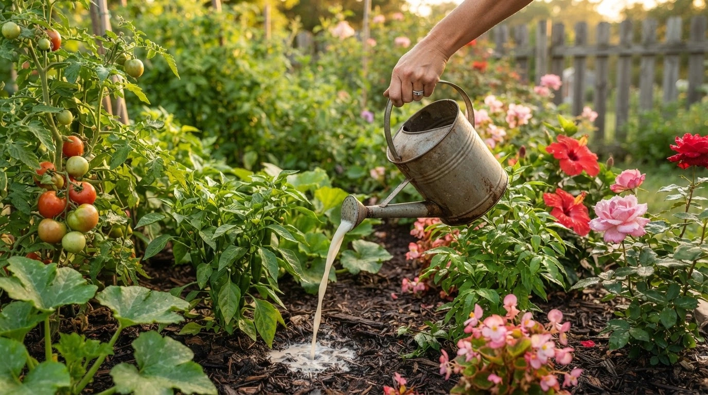 A Gardener's Hand, Holding a Rustic Watering Can Filled With Milky Diluted Liquid, Gently Applies It to the Rich, Dark Soil