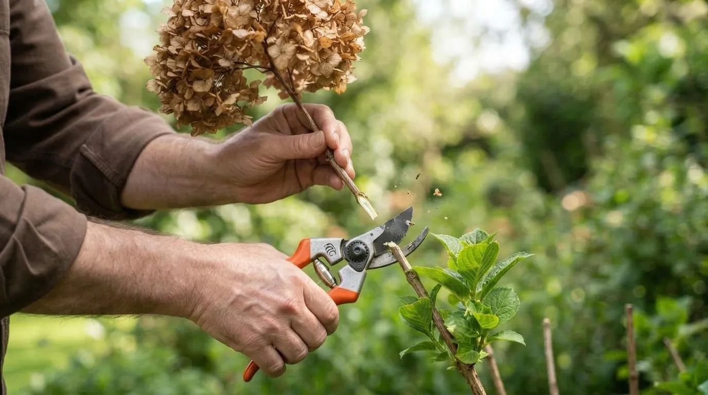 A Gardener's Hands Cutting the Papery Brown Hydrangea Flower Stem, With Silver Pruning Shears