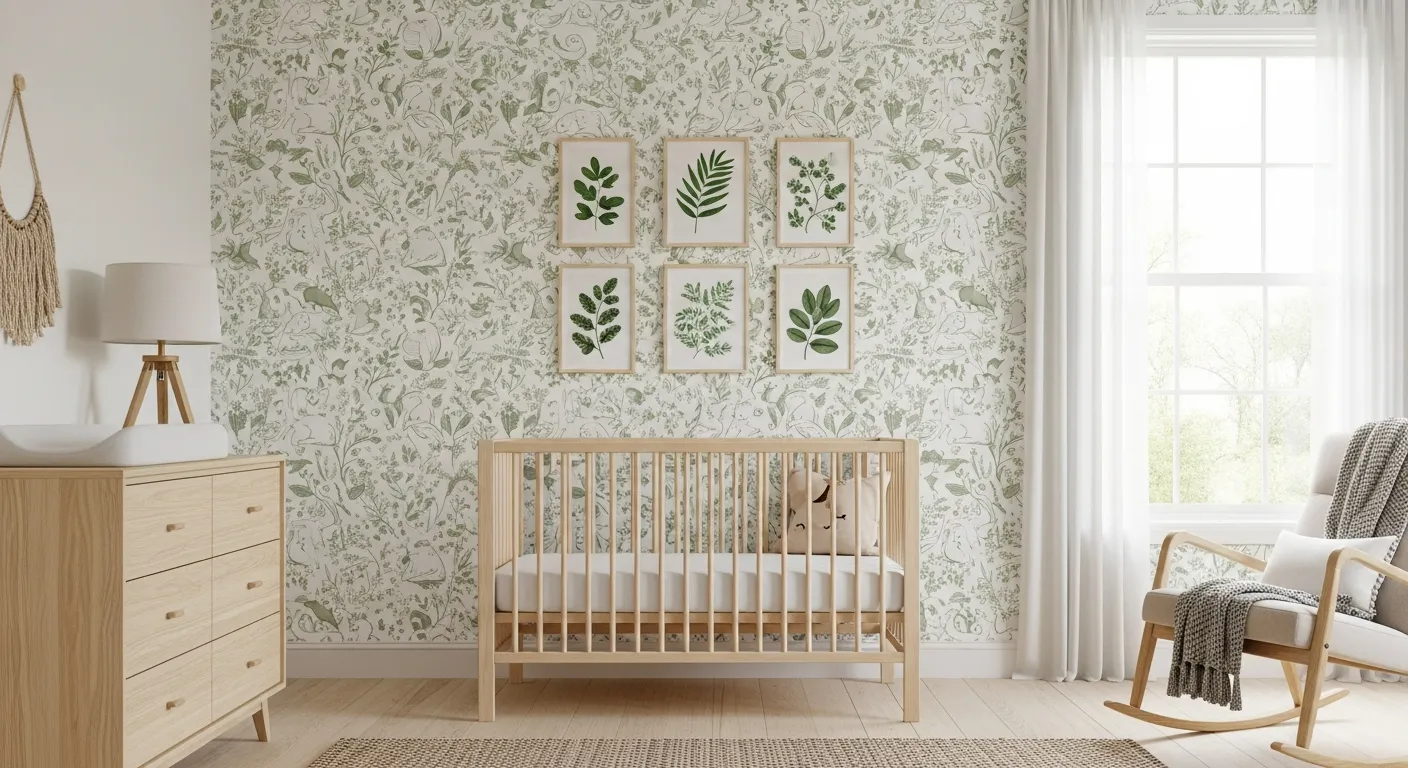 A Gender-neutral Nursery Room, Walls Adorned With an Exquisite, Seamless Wallpaper Rendered in a Palette of Muted Sage Green and Crisp White