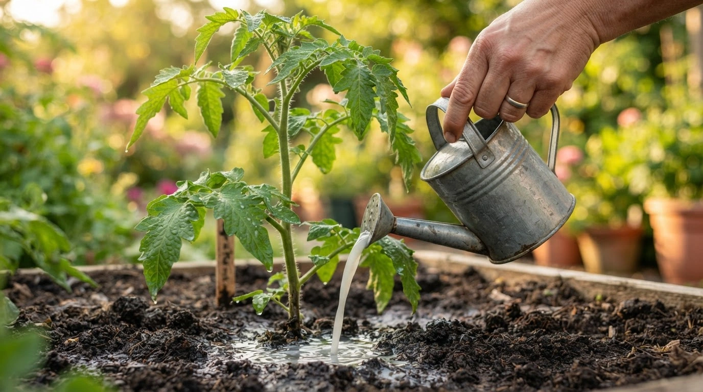 A Gentle Hand Carefully Pouring a Milk From a Rustic, Watering Can Onto the Rich, Dark Soil Around the Base of a Vibrant, Green Tomato Plant