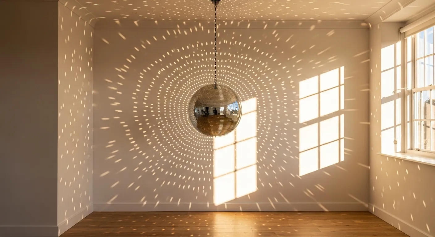 A Gleaming, Multifaceted Disco Ball Suspended Centrally From the Ceiling in a Sun-drenched, Minimalist Living Space