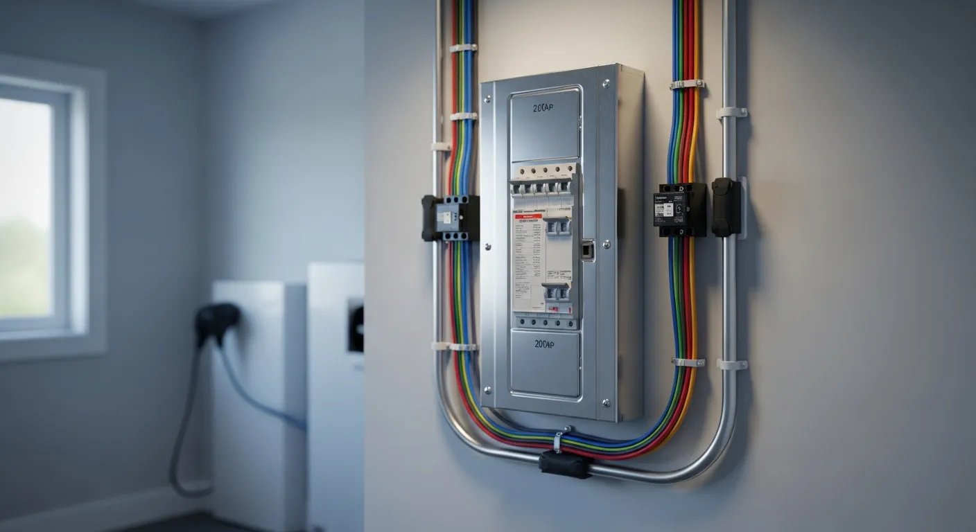 A Glistening, Modern 200-amp Electrical Panel, Mounted Centrally on a Clean, Light-grey Utility Room Wall