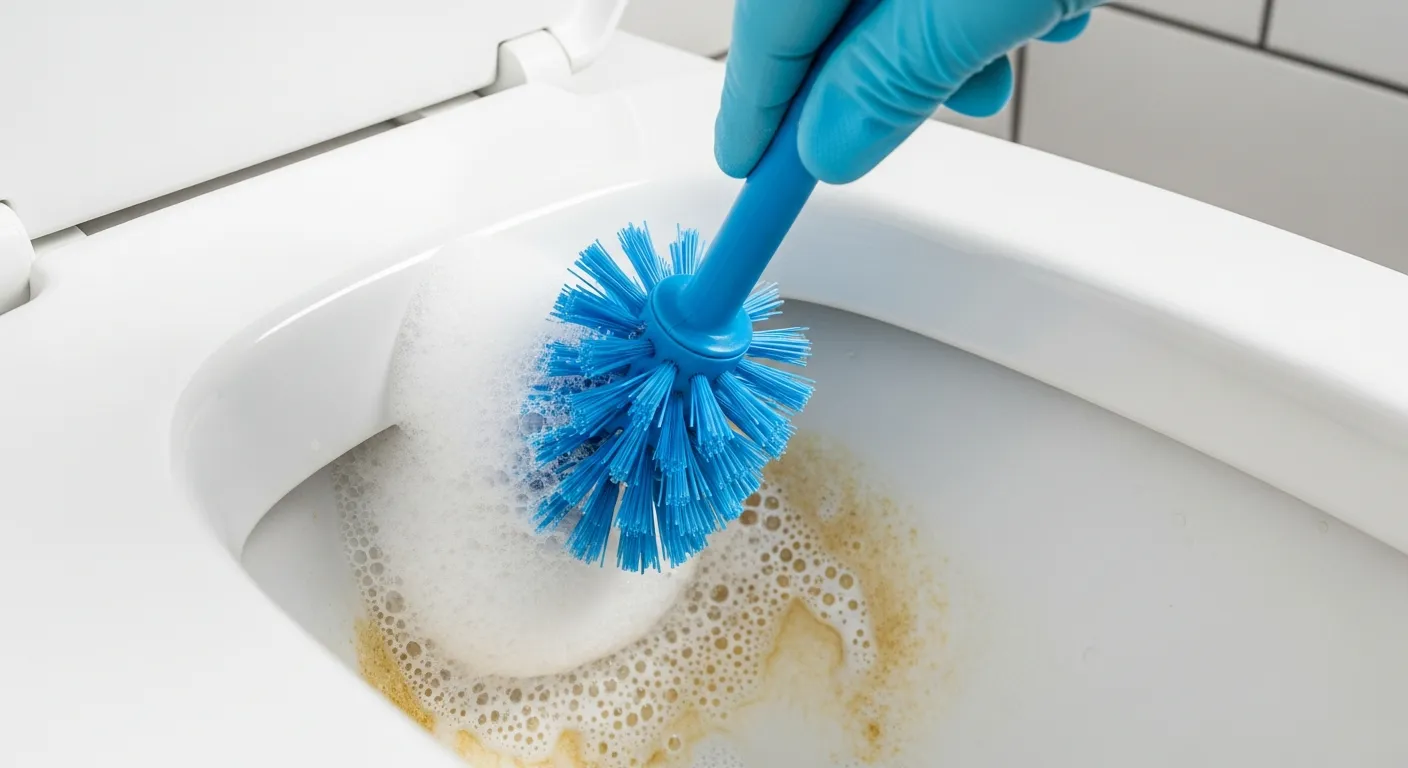 A Gloved Hand Firmly Grasping a Vibrant Blue Toilet Brush Actively Scrubbing Thick White Paste, Made of Baking Soda and White Vinegar