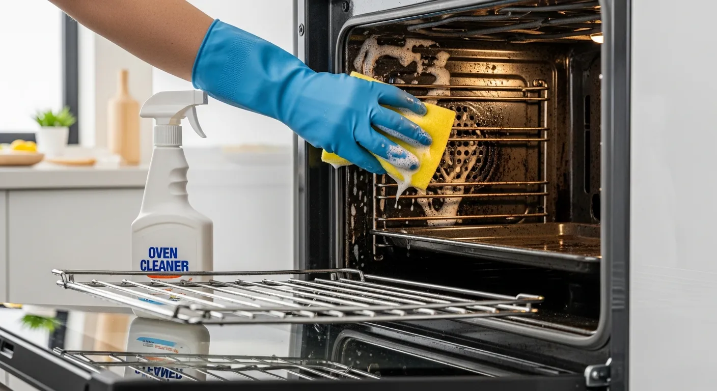 A Gloved Hand Meticulously Scrubbing the Heavily Soiled Interior of a Modern Stainless Steel Oven