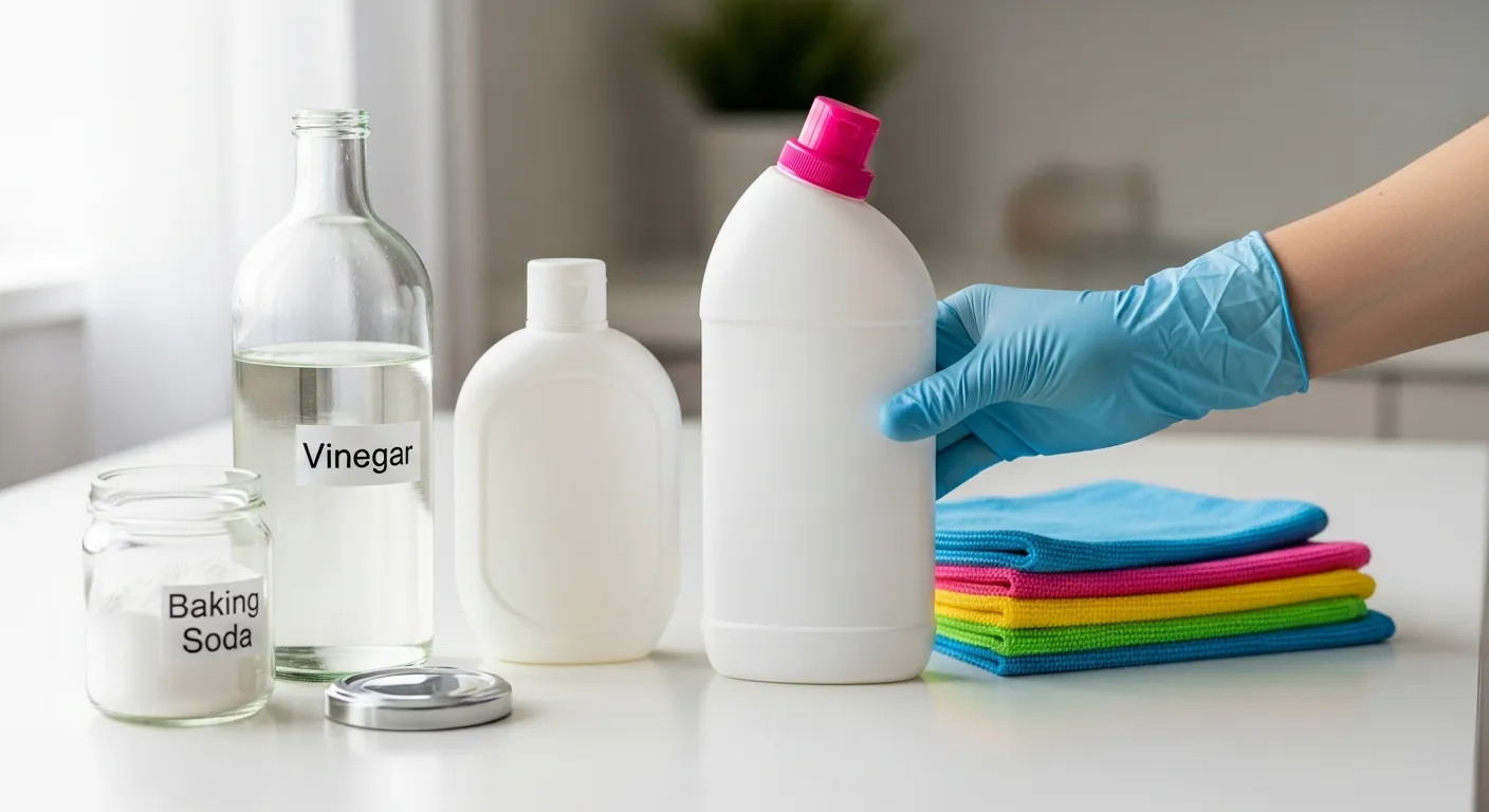 A Gloved Hand Moving White and Pink Plastic Bottles, Alongside a Clear Bottle of Vinegar and a Jar of Baking Soda on a White Counter