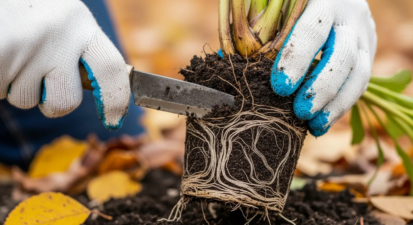 A Gloved Hands Meticulously Dividing the Healthy Root Ball of a Dormant Perennial Plant