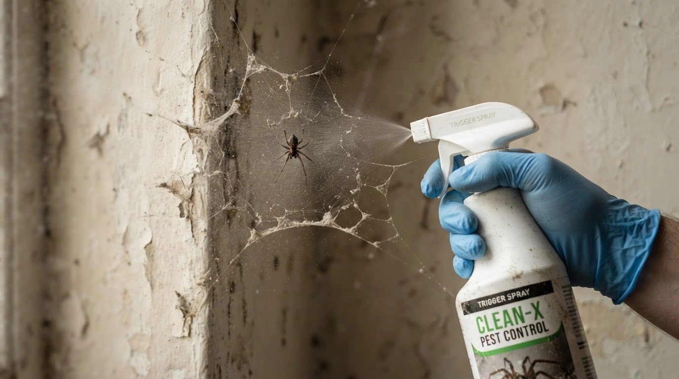 A Gloved Human Hand Firmly Grips a Pristine White Plastic Spray Bottle and Spraying It on Spider